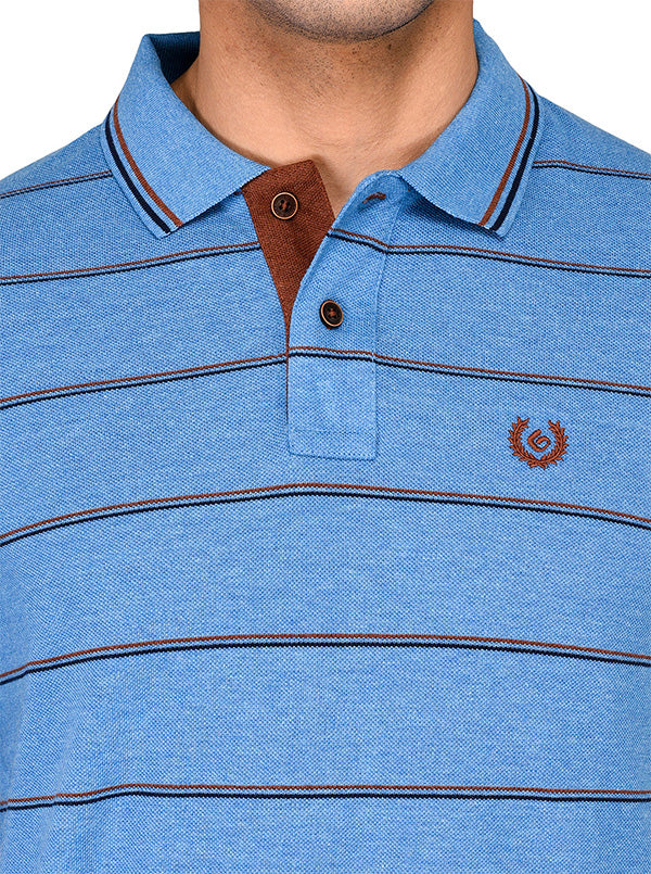 Sky Blue Striped Slim Fit Polo T-shirt | Greenfibre