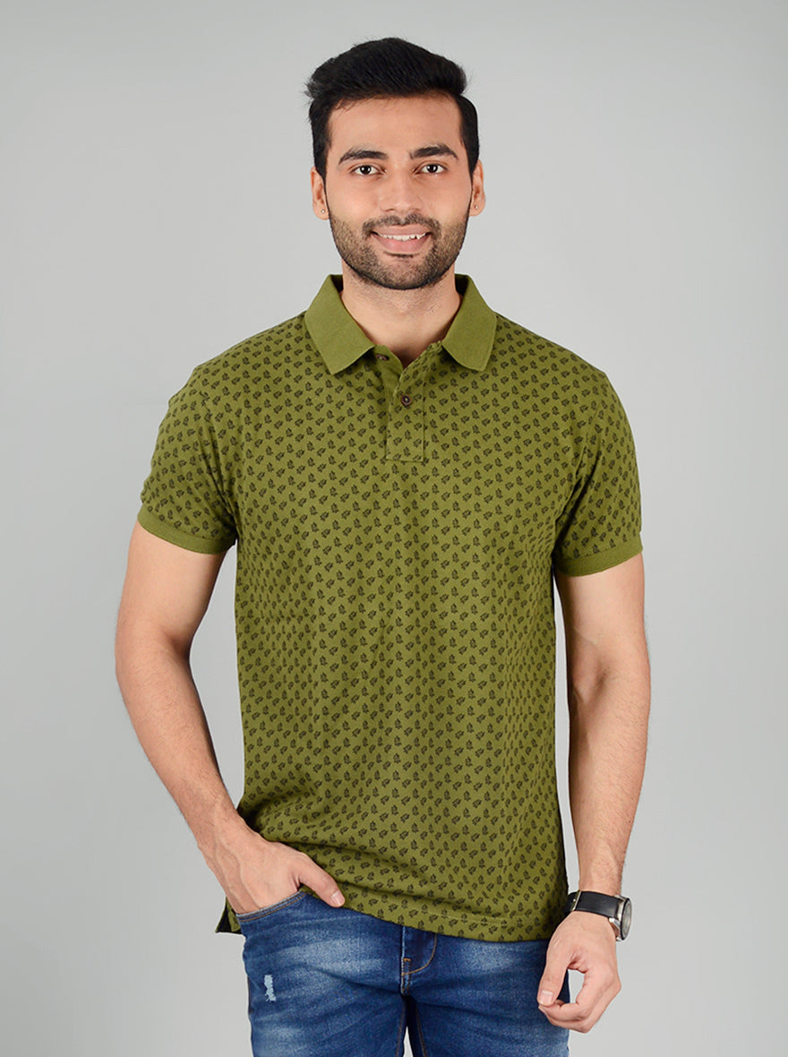 Olive Printed Slim Fit Polo T-Shirt | Greenfibre