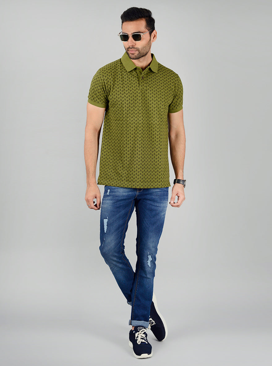Olive Printed Slim Fit Polo T-Shirt | Greenfibre