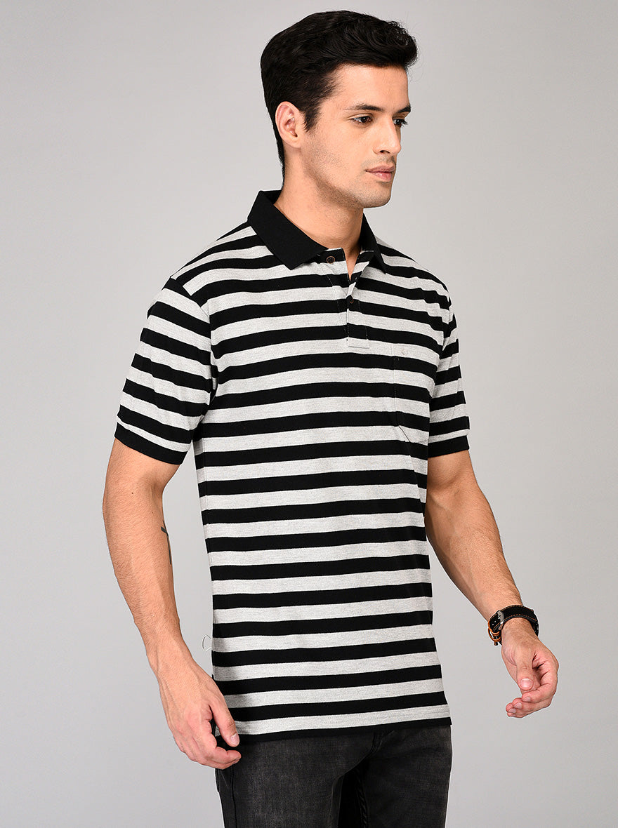 Grey & Black Striped Slim Fit Polo T-shirt | Greenfibre