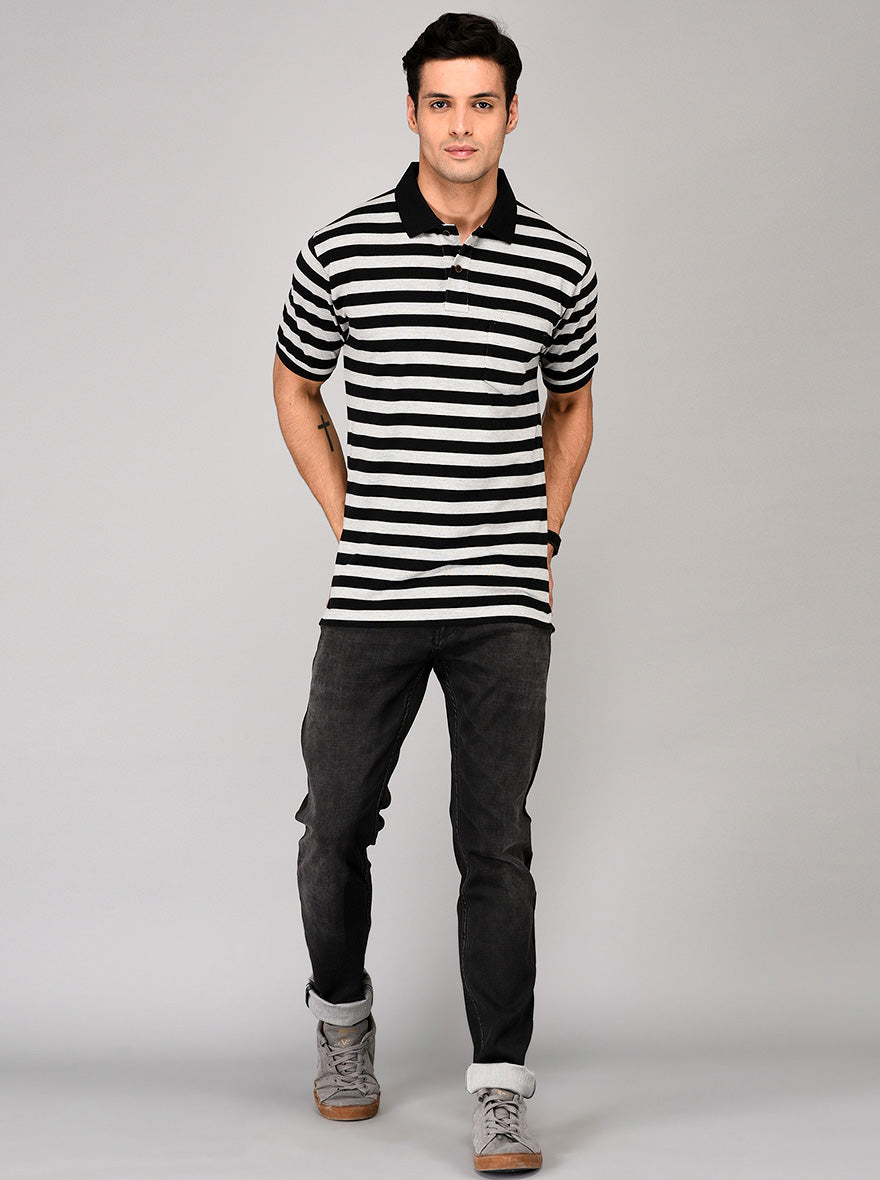Grey & Black Striped Slim Fit Polo T-shirt | Greenfibre
