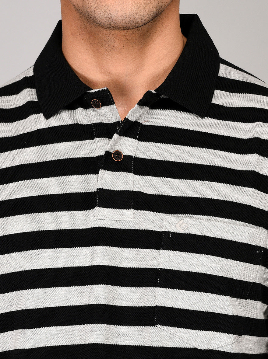 Grey & Black Striped Slim Fit Polo T-shirt | Greenfibre