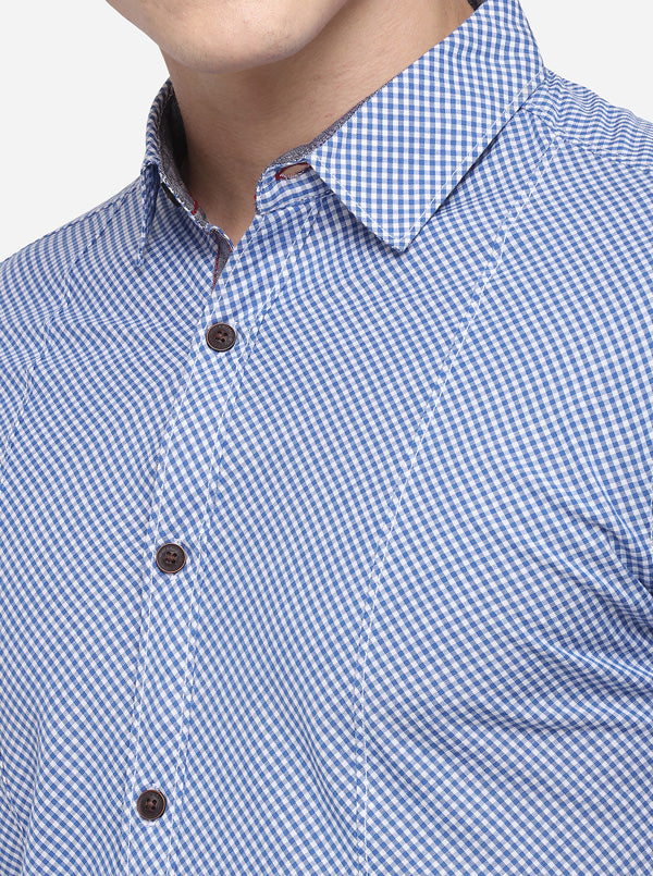 Sky Blue Slim Fit Checked Casual Shirt | Greenfibre