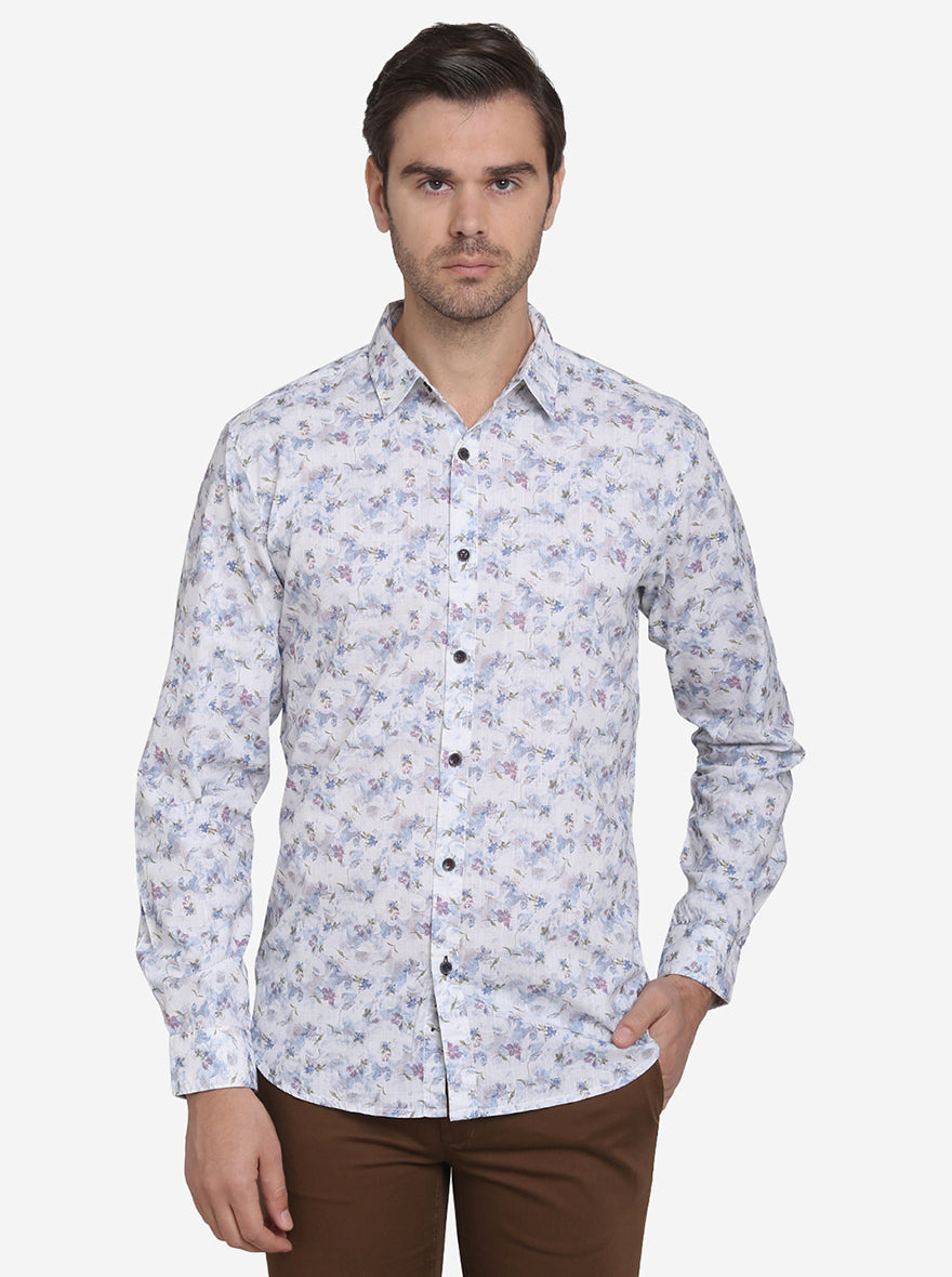 White & Blue Printed Slim Fit Casual Shirt | JadeBlue