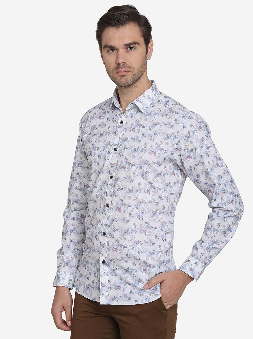 White & Blue Printed Slim Fit Casual Shirt | JadeBlue