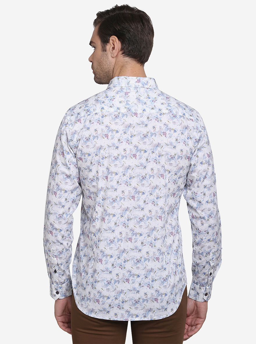 White & Blue Printed Slim Fit Casual Shirt | JadeBlue