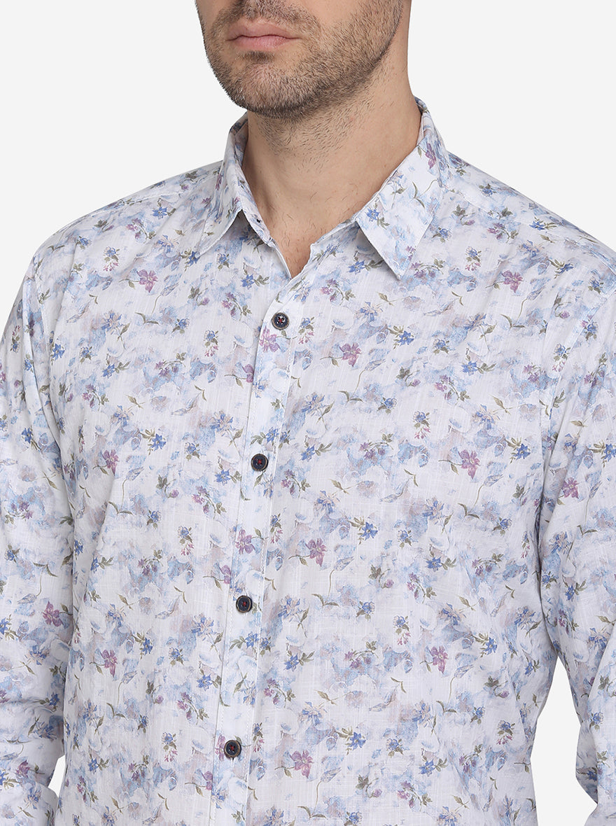 White & Blue Printed Slim Fit Casual Shirt | JadeBlue