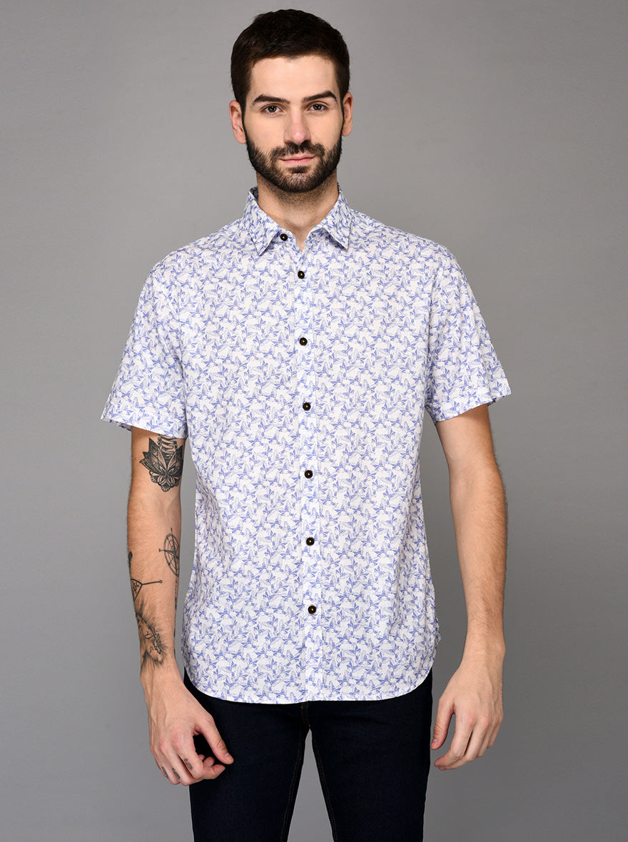 Greenfibre Blue Printed Slim Fit Casual Shirt