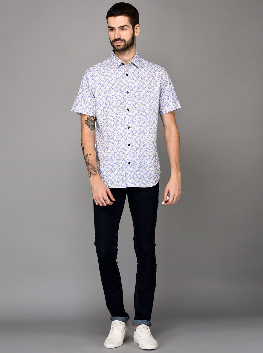 Greenfibre Blue Printed Slim Fit Casual Shirt