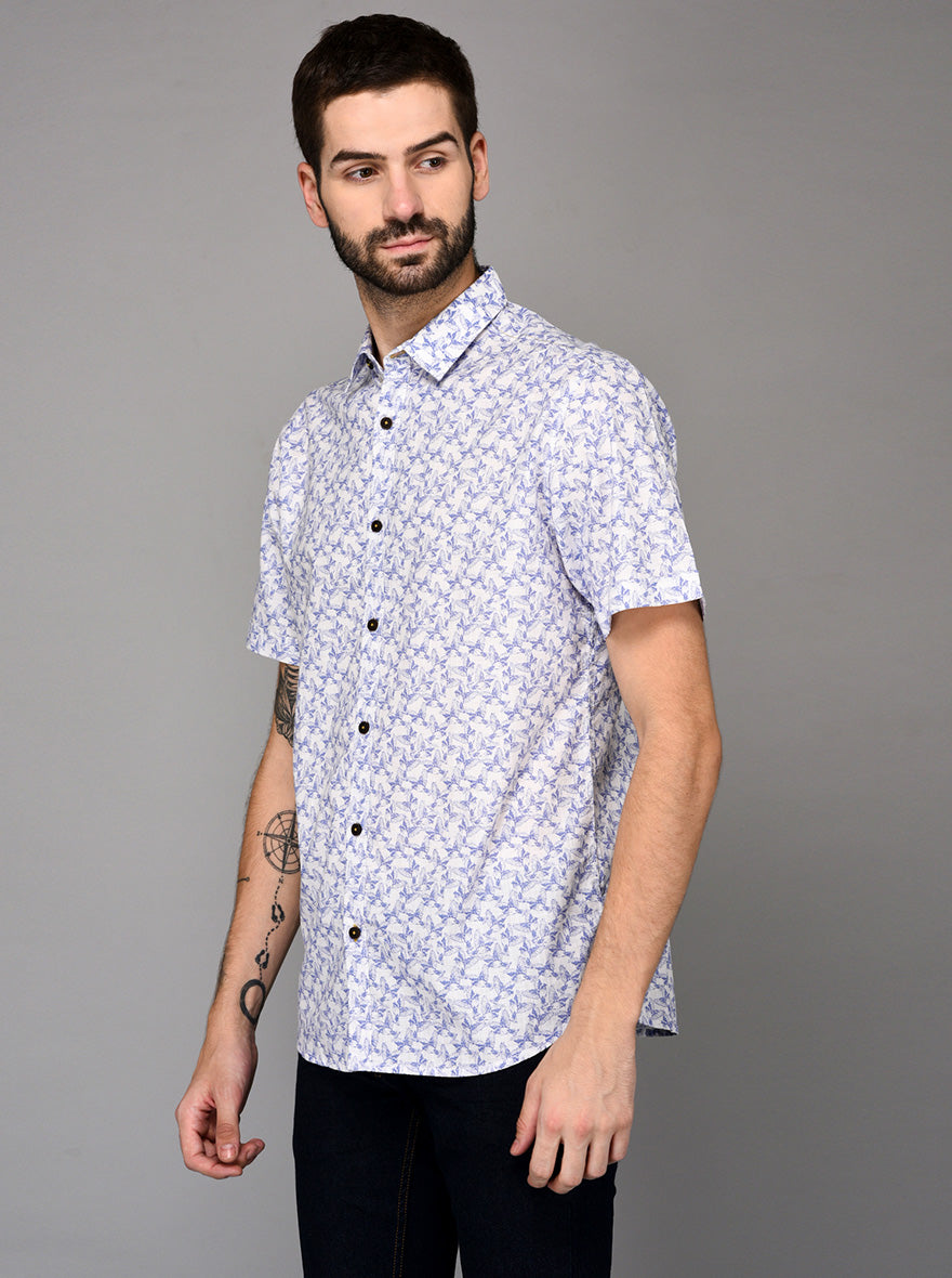 Greenfibre Blue Printed Slim Fit Casual Shirt
