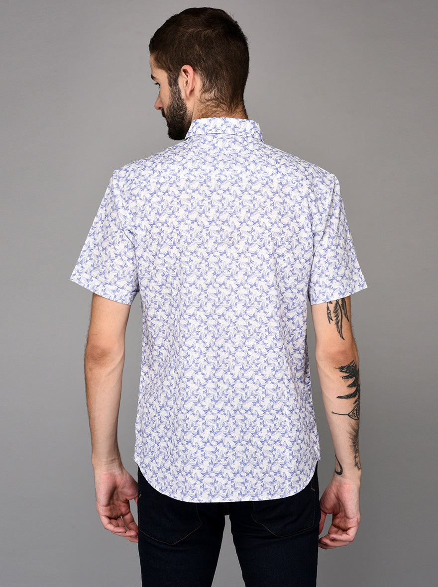 Greenfibre Blue Printed Slim Fit Casual Shirt