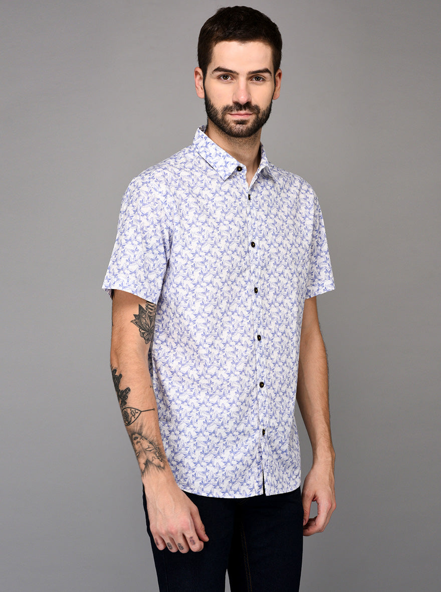 Greenfibre Blue Printed Slim Fit Casual Shirt
