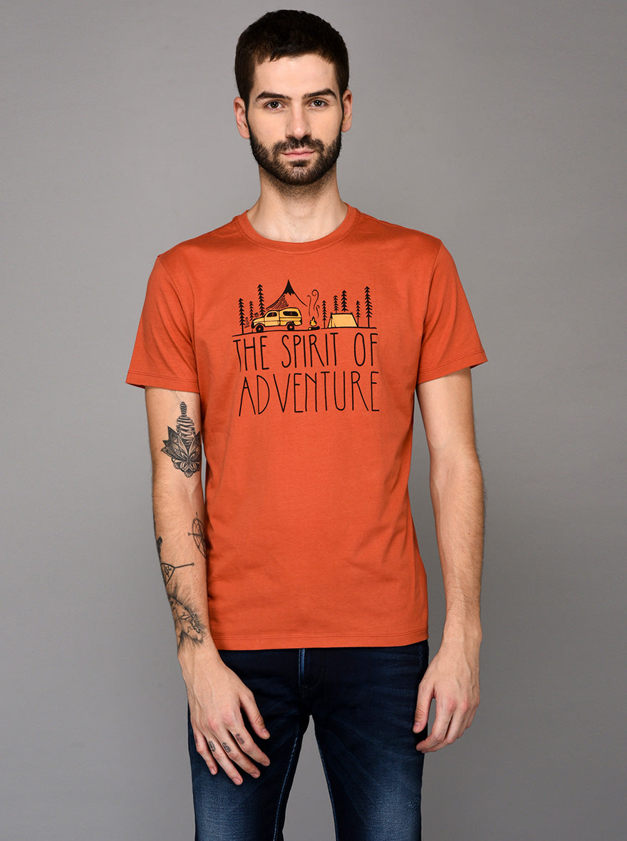Orange Printed Slim Fit Round Neck T-Shirt | JB Sport