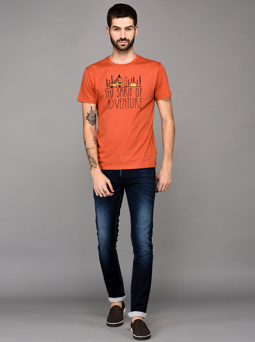 Orange Printed Slim Fit Round Neck T-Shirt | JB Sport