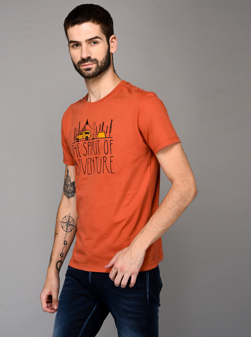 Orange Printed Slim Fit Round Neck T-Shirt | JB Sport