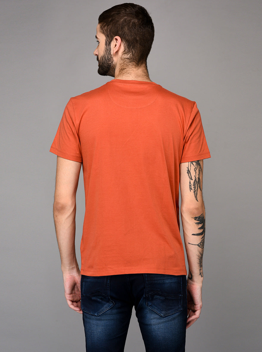Orange Printed Slim Fit Round Neck T-Shirt | JB Sport