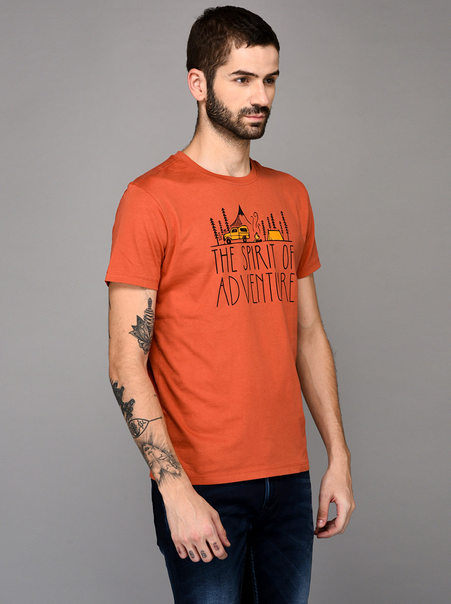 Orange Printed Slim Fit Round Neck T-Shirt | JB Sport