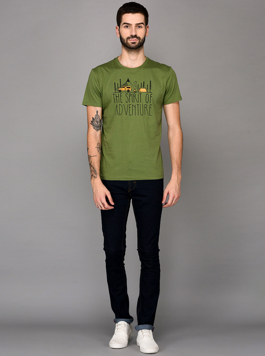 Green Printed Slim Fit Round Neck T-Shirt | JB Sport