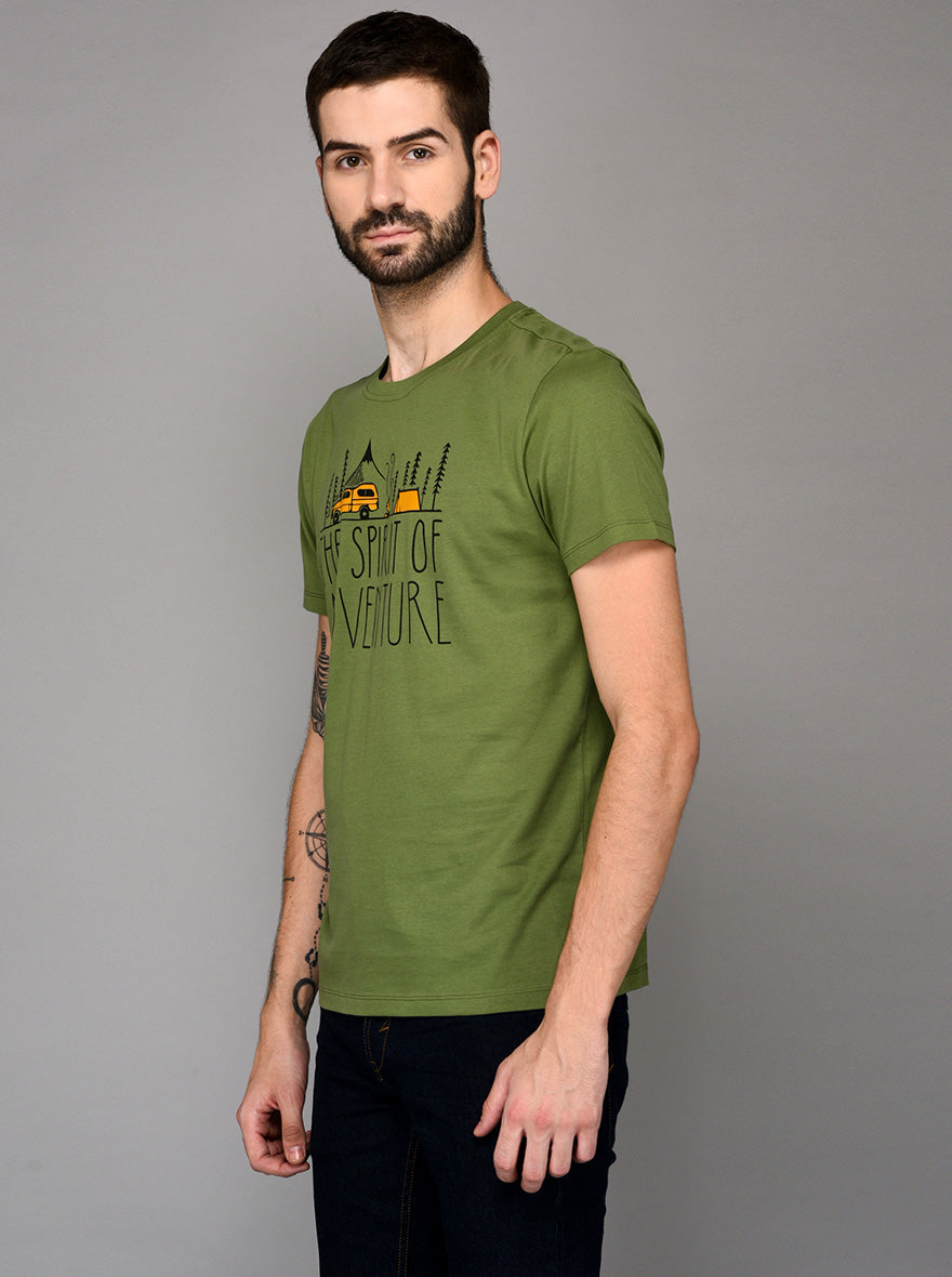 Green Printed Slim Fit Round Neck T-Shirt | JB Sport