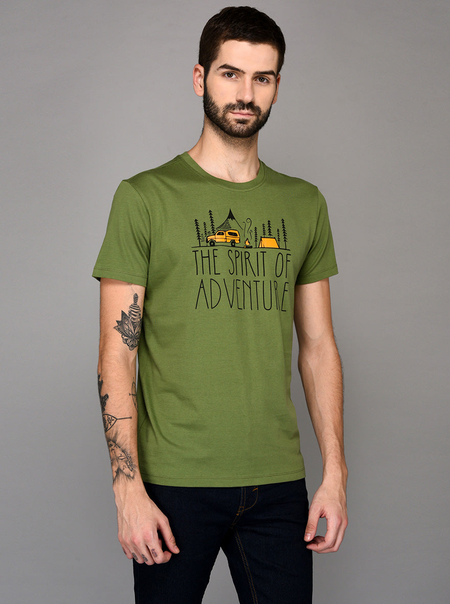 Green Printed Slim Fit Round Neck T-Shirt | JB Sport