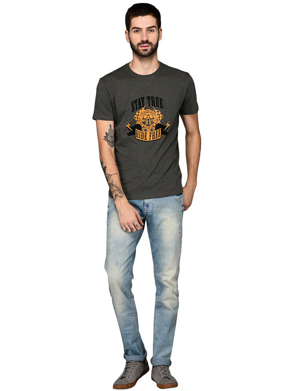 Dark Grey Printed Slim Fit Round Neck T-Shirt | JB Sport