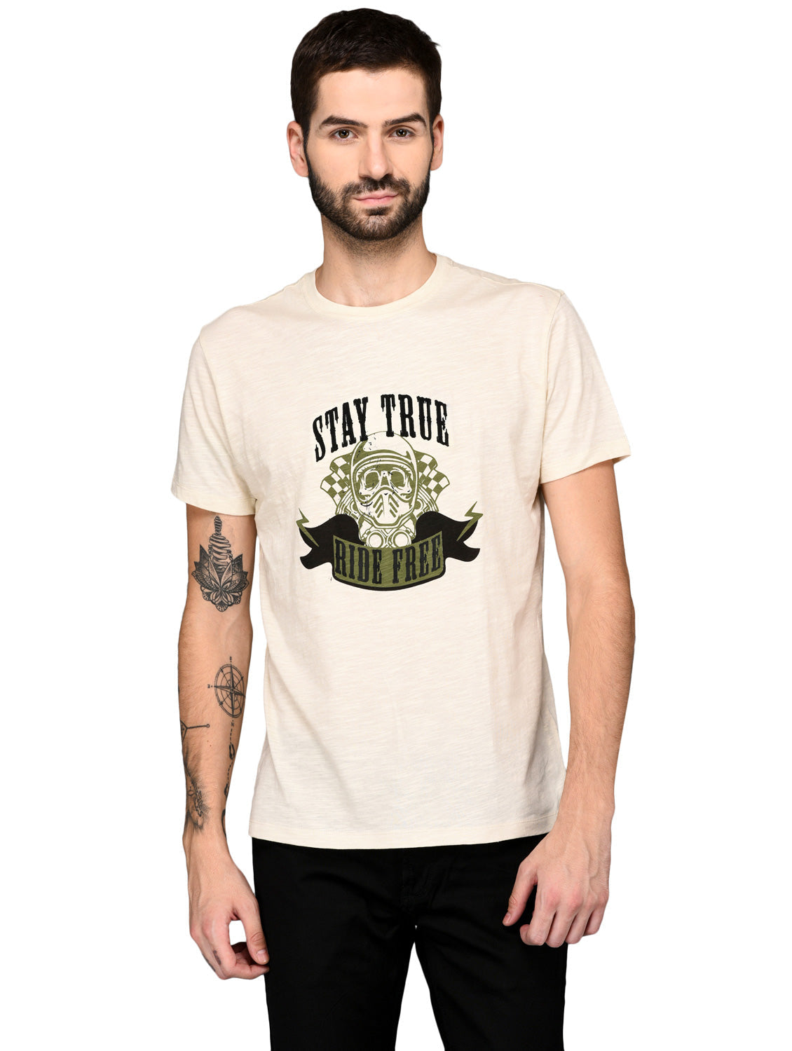 Beige Printed Slim Fit Round Neck T-Shirt | JB Sport