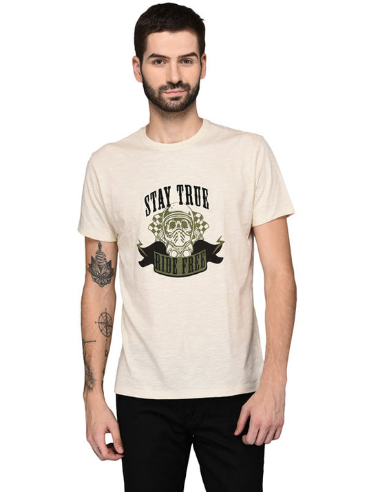 Beige Printed Slim Fit Round Neck T-Shirt | JB Sport