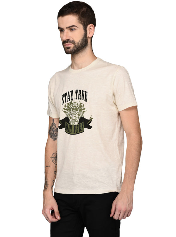 Beige Printed Slim Fit Round Neck T-Shirt | JB Sport