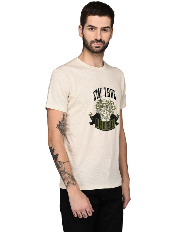 Beige Printed Slim Fit Round Neck T-Shirt | JB Sport