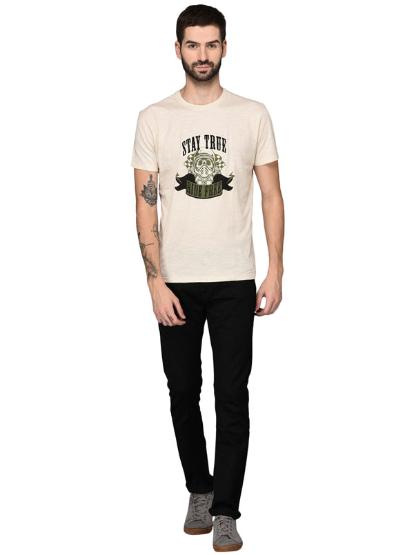 Beige Printed Slim Fit Round Neck T-Shirt | JB Sport