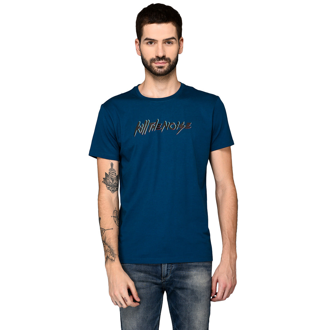 Blue Printed Slim Fit Round Neck T-Shirt | JB Sport