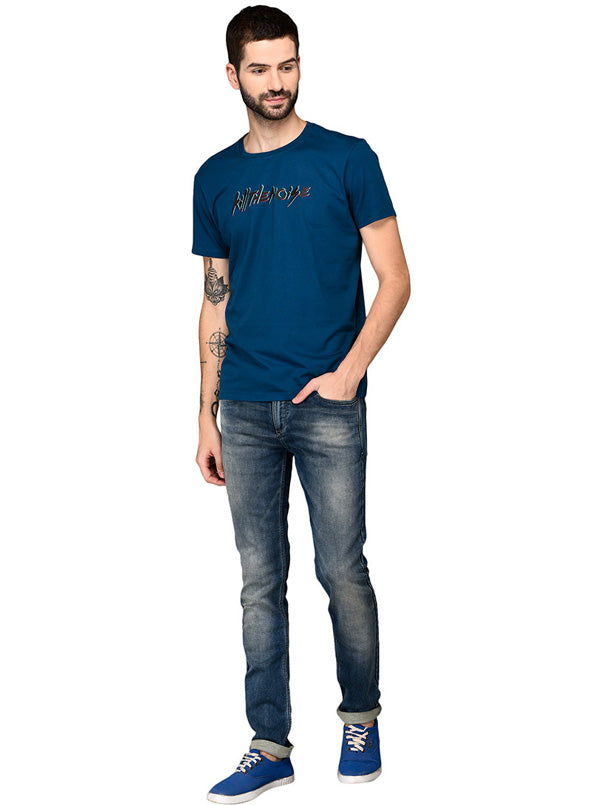 Blue Printed Slim Fit Round Neck T-Shirt | JB Sport