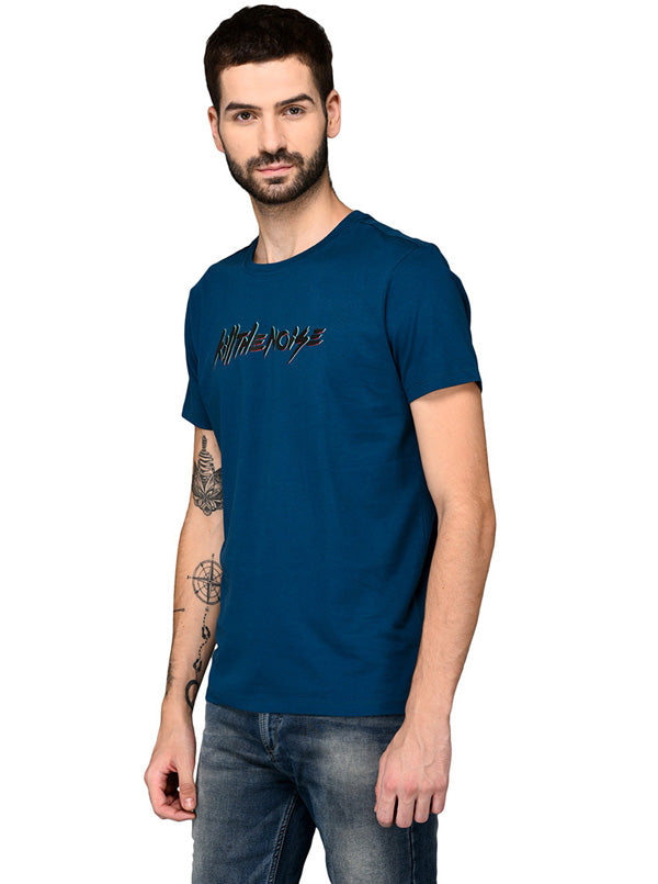 Blue Printed Slim Fit Round Neck T-Shirt | JB Sport