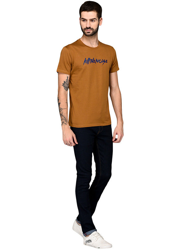 Brown Printed Slim Fit Round Neck T-Shirt | JB Sport