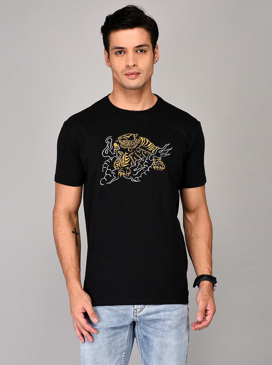 Black Printed Slim Fit Round Neck T-shirt | JB Sport