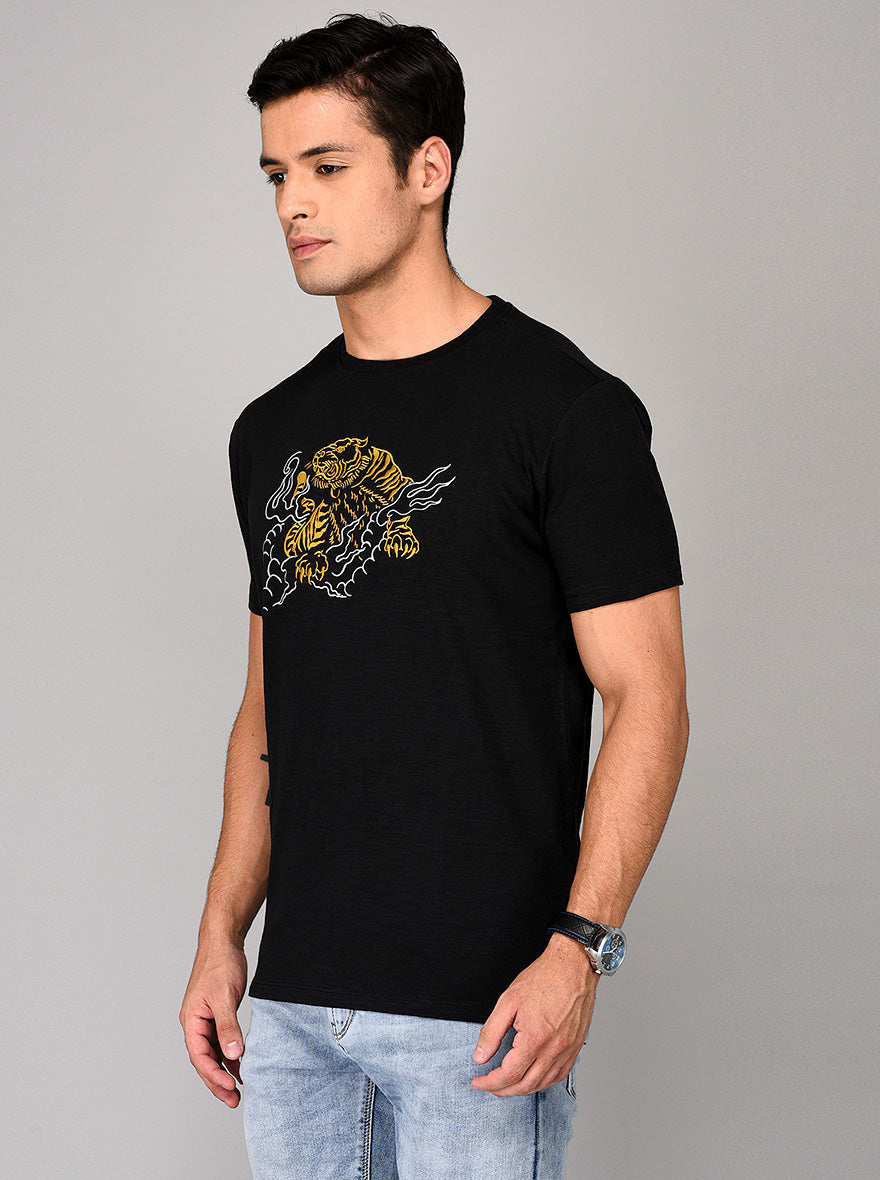 Black Printed Slim Fit Round Neck T-shirt | JB Sport