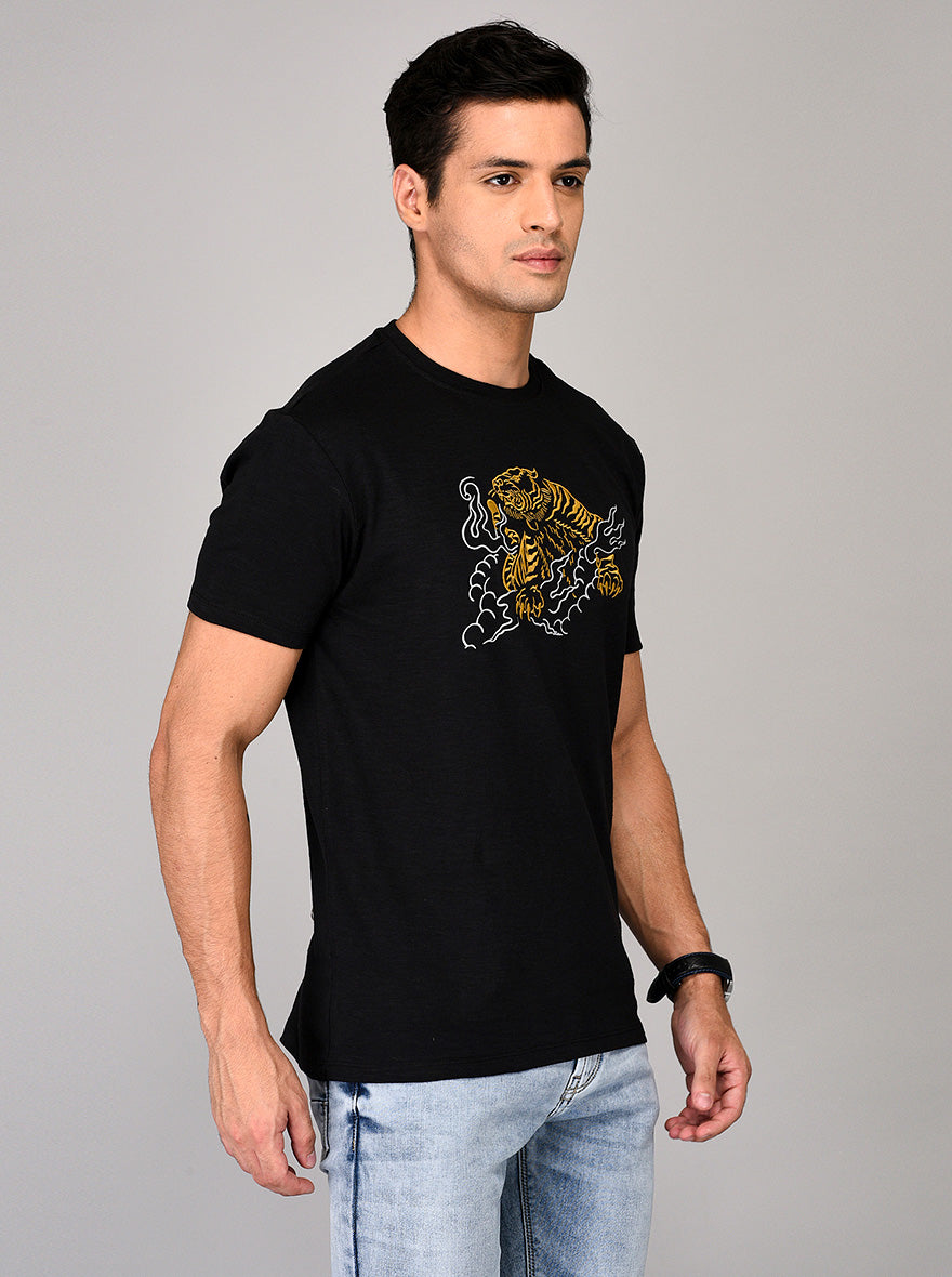 Black Printed Slim Fit Round Neck T-shirt | JB Sport