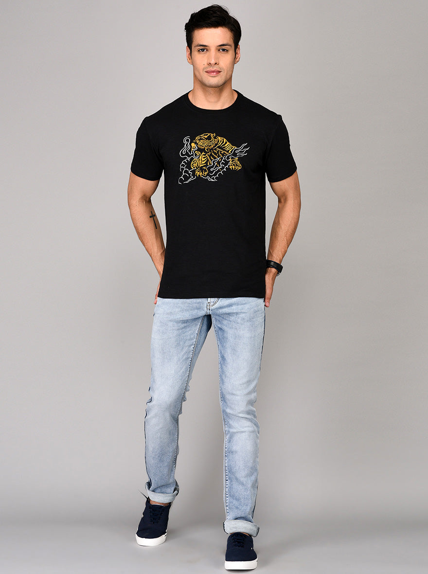 Black Printed Slim Fit Round Neck T-shirt | JB Sport