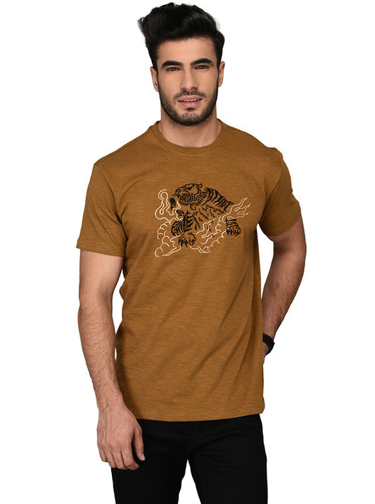 Brown Printed Slim Fit Round Neck T-shirt | JB Sport