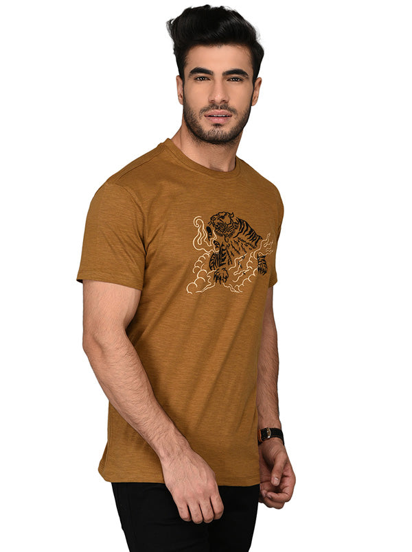 Brown Printed Slim Fit Round Neck T-shirt | JB Sport