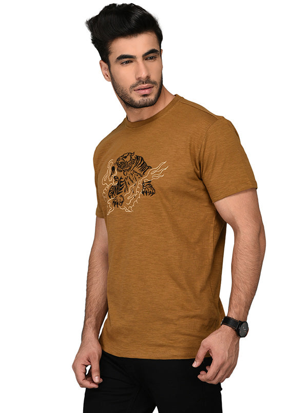 Brown Printed Slim Fit Round Neck T-shirt | JB Sport