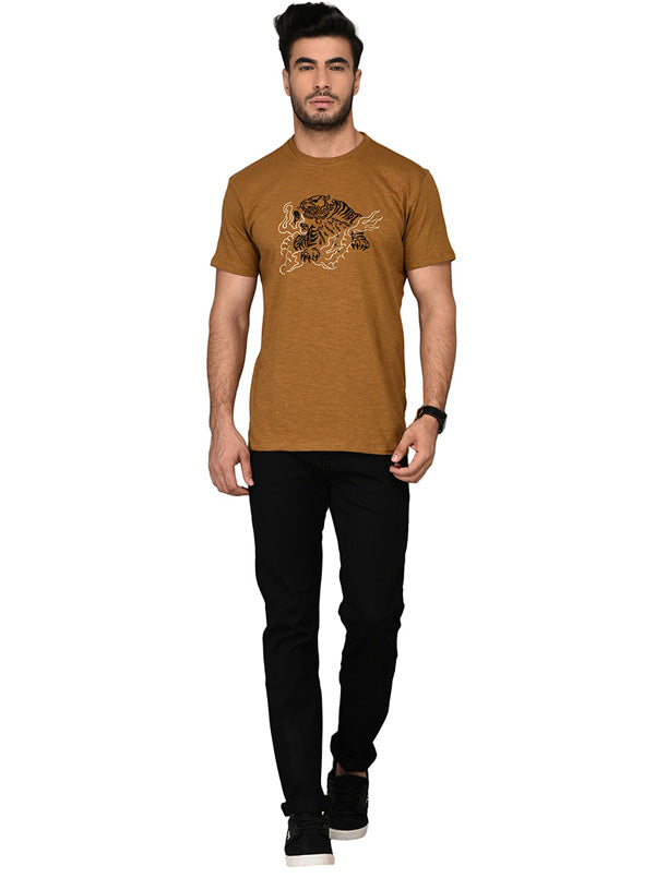 Brown Printed Slim Fit Round Neck T-shirt | JB Sport