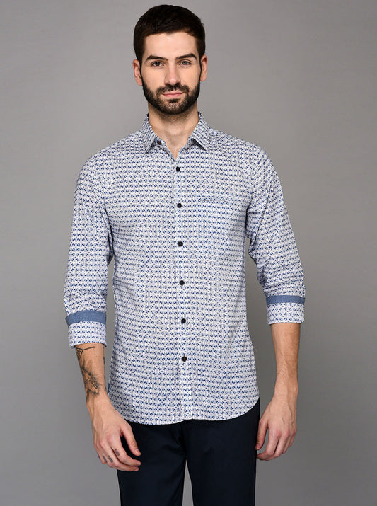 JB Sport Blue & White Printed Slim Fit Casual Shirt