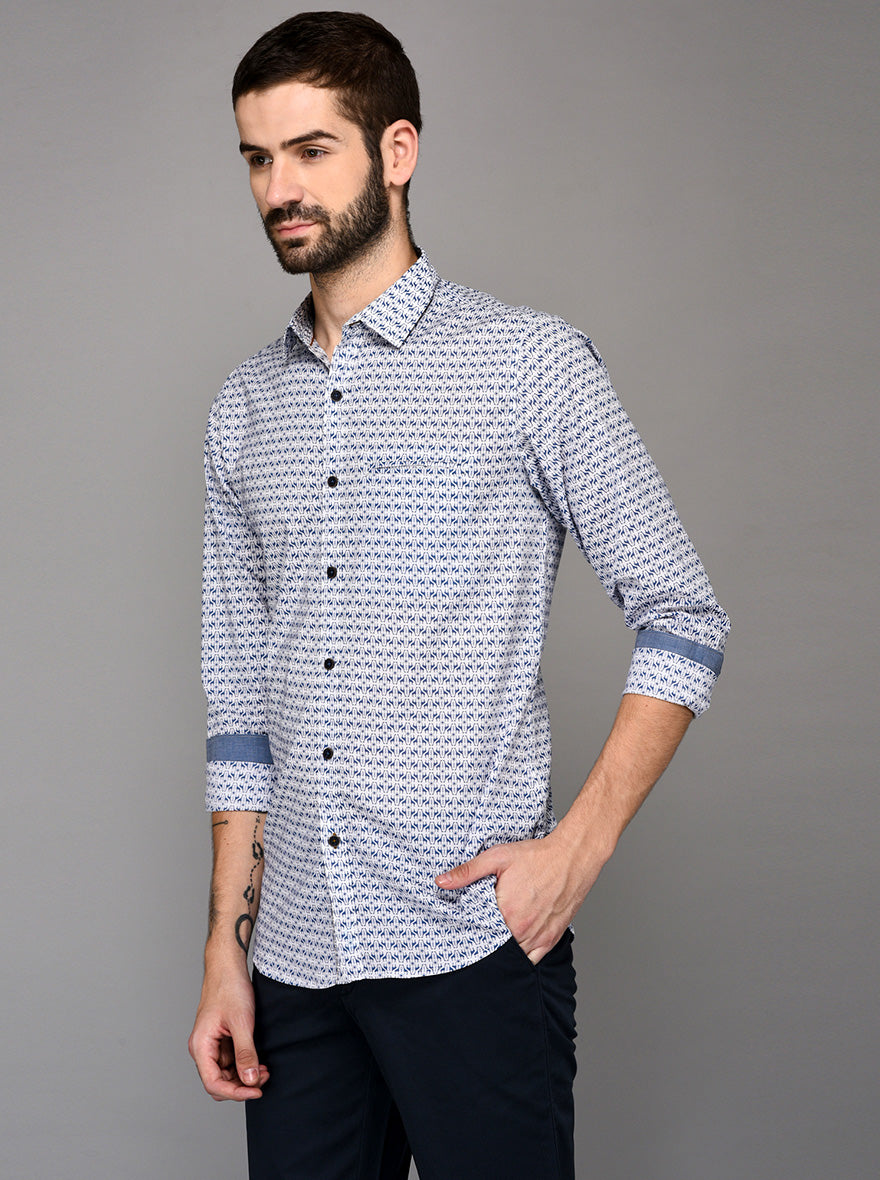 JB Sport Blue & White Printed Slim Fit Casual Shirt