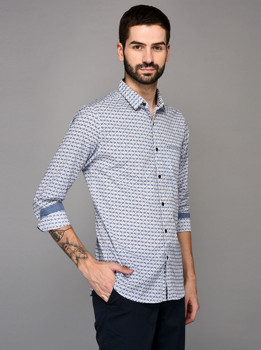 JB Sport Blue & White Printed Slim Fit Casual Shirt