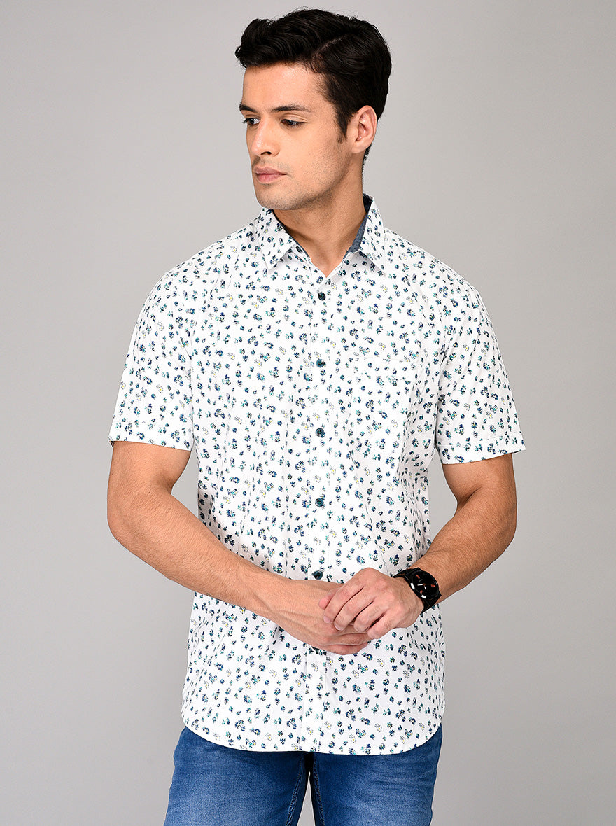 JB Sport White & Blue Printed Slim Fit Casual Shirt