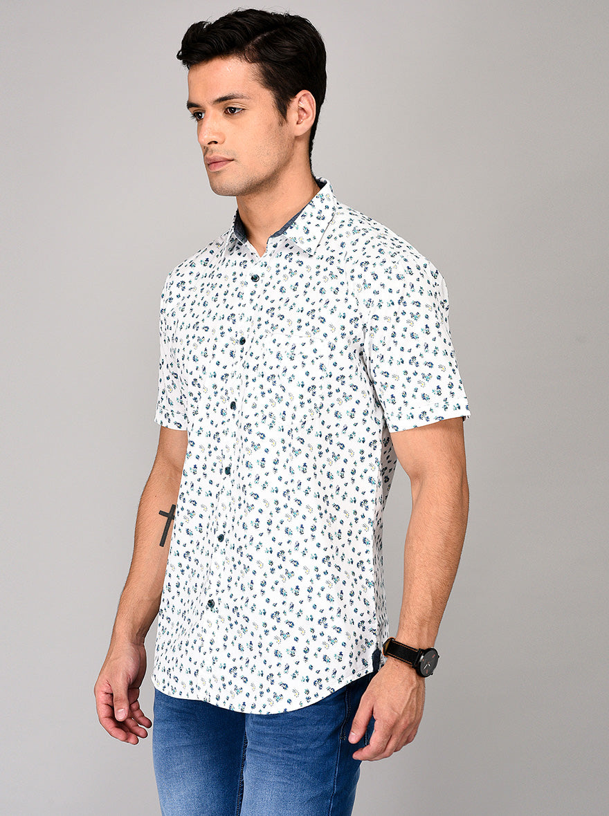JB Sport White & Blue Printed Slim Fit Casual Shirt