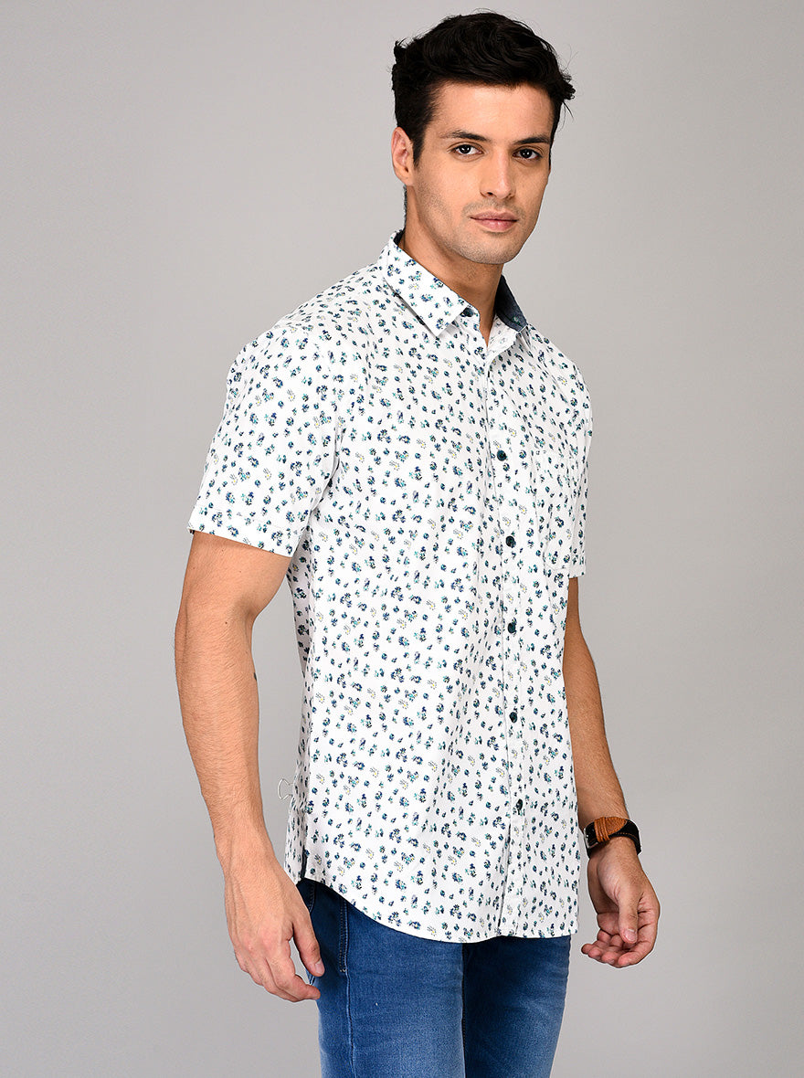 JB Sport White & Blue Printed Slim Fit Casual Shirt