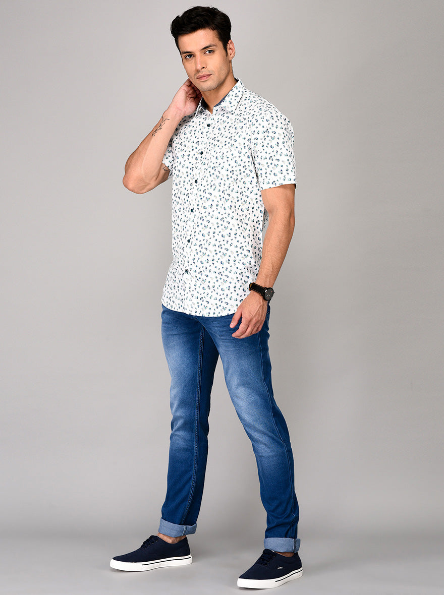 JB Sport White & Blue Printed Slim Fit Casual Shirt