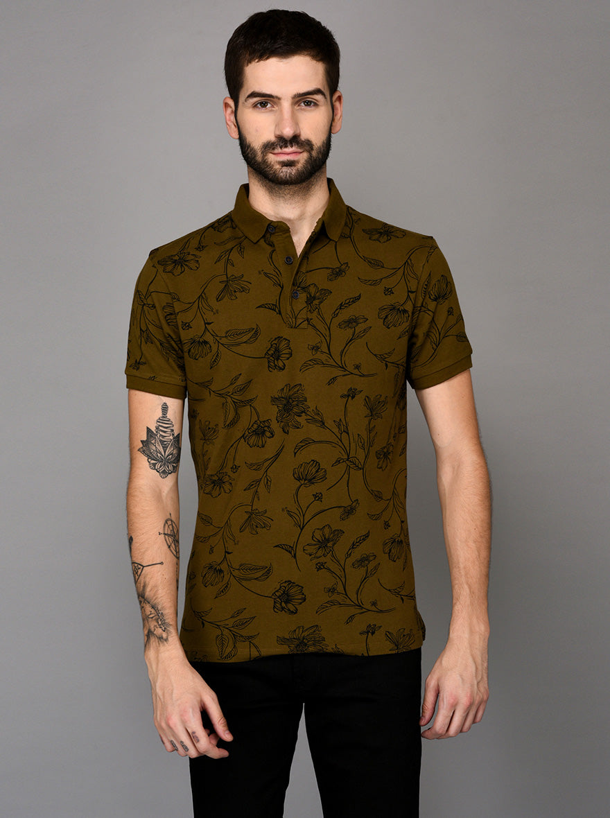 Olive Green Printed Slim Fit Polo T-shirt | JB Sport